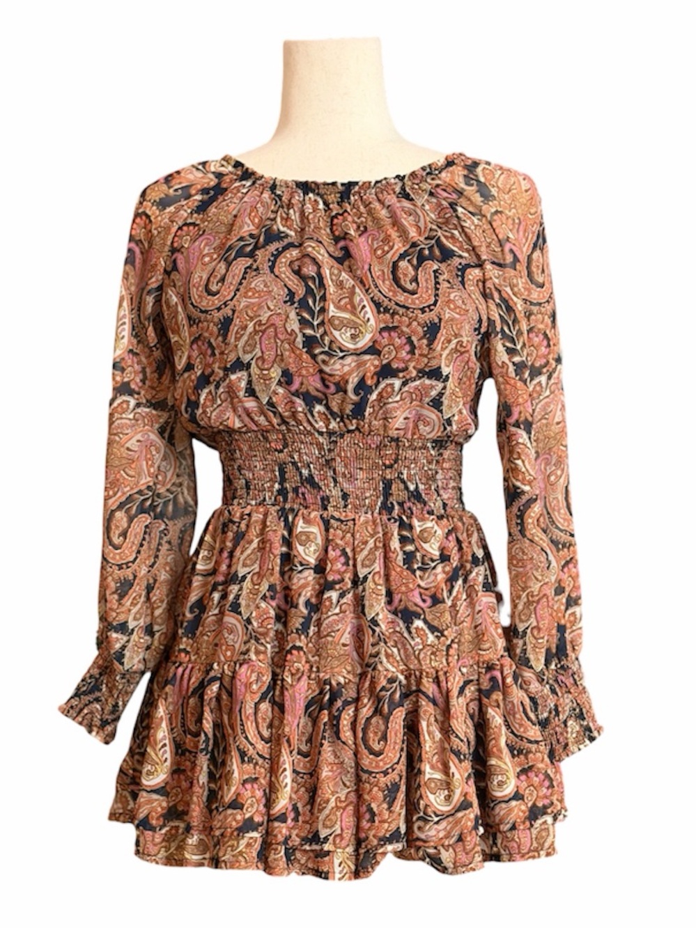 Sanctuary Paisley Smocked-Waist 3/4 Long Sleeve tunic blouse pink brown ivory XS
